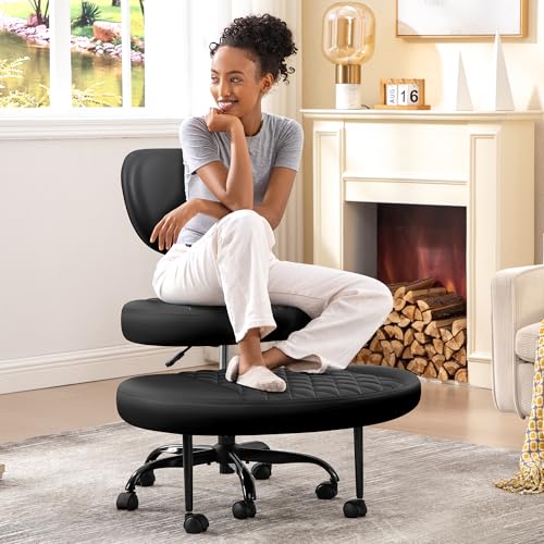 AtHope Ergonomic Cross Legged Office Chair with Wheels - Adjustable Height for Meditation, ADHD Desk & Yoga - Wide Criss Cross Design with Lumbar Support, Kneeling Chair - Upgraded Black - color: Dark Black