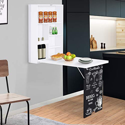 White Wood Wall Mounted Hideaway Desk with Storage for Small Spaces | Folding Desk with A Blackboard, Expandable Computer Desk, Pull Out Study Table for Bedroom Apartment - color: White,