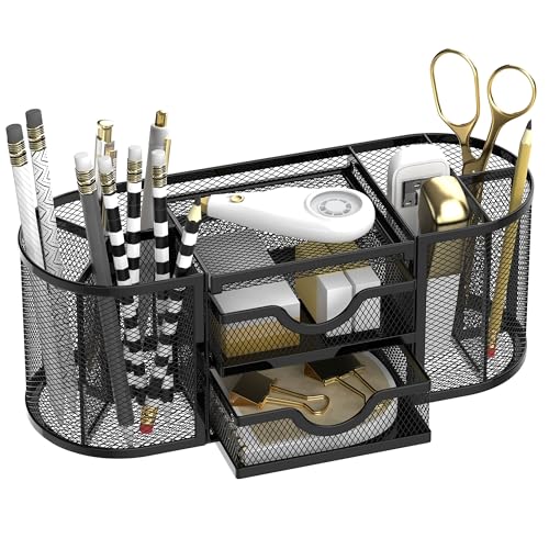 Mesh Desk Organizer, Desk Organizers and Accessories, Pen Holder with Drawers, Pencil Holder for Desk with 2 Drawer for Office Supplies, Black - color: Obsidian Black