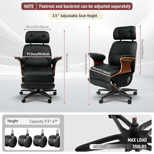 Ergonomic Leather Office Chair,Electric Recline/Footrest/Massage | 90-135° recline, footrest, 3-level massage, S-curve support, fits 5'3-6'1, solid wood, all-day comfort for home office,black - color: Black