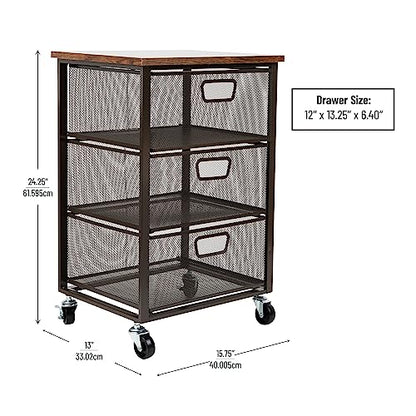 Mind Reader 3 Drawer Storage Organizer with Wood Top, Rolling Office Organizer Cabinet with Wheels, Office, Metal Mesh, Black - style: 3-Drawers with Wood Top