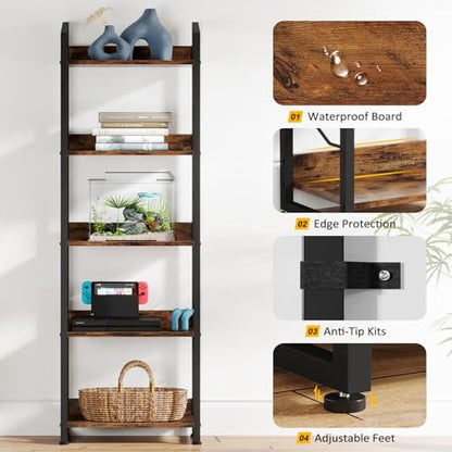 Hosfais 5 Tier Tall Bookshelf: Industrial Wood Book Shelf with Edge Protection Metal Narrow Bookshelf Bookcase Storage Organizer Display Rack for Living Room Home Office (Rustic Brown) - color: Rustic Brown