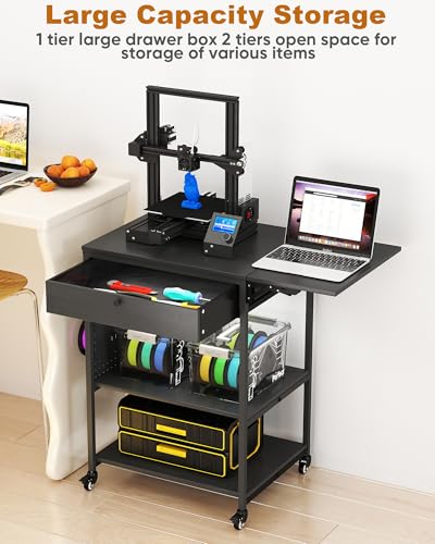 Baoz 4 Tier 3D Printer Stand with Filament Storage & Lockable Wheels(Black) | 3D Printer Table with 1 Drawer, Rolling 3D Printer Cart with 4 Spool Hooks, Sturdy 3D Printer Desk for Studio, Home Office
