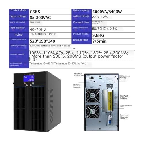 Online UPS Uninterruptible Power Supply 6KVA/5400W, 0ms Transfer Pure Sine Wave, External Battery