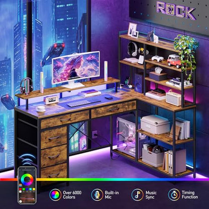 L Shaped Computer Desk with Drawers, 53'' Gaming Desk with Storage Shelves, Corner Computer Desk with Power Outlets & LED Light, Home Office Desk with Monitor Stand and Pegboard, Rustic Brown