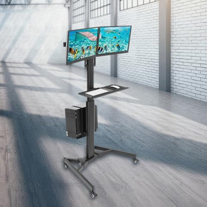 Mount-It! Dual Monitor Computer Cart – Mobile Standing Desk with Wheels, Rolling Workstation with Keyboard Tray, CPU Holder, and Adjustable Screen Mount for Office, Medical, or Warehouse - style: 2 Monitors