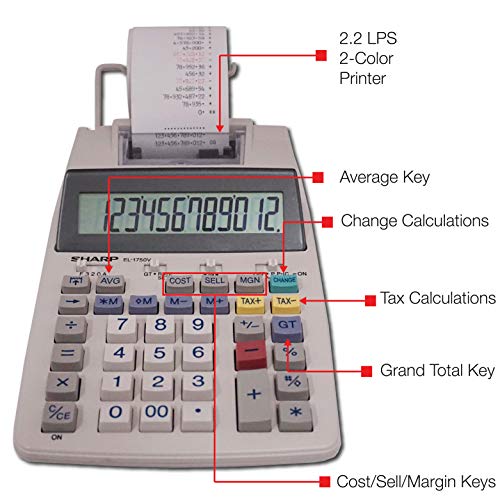 Sharp 12-Digit Desktop Printing Calculator, White (EL-1750V)