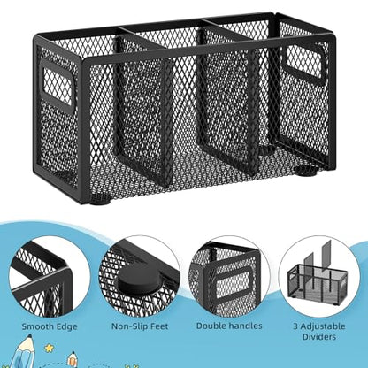 Marbrasse Mesh Pen Holder for Desk, Pencil Holder Desk Organizer 3 Adjustable Compartments, Pencil Cup with Handle Perfect for Classroom, Office, Home, Makeup, Art (Black) - color: Black