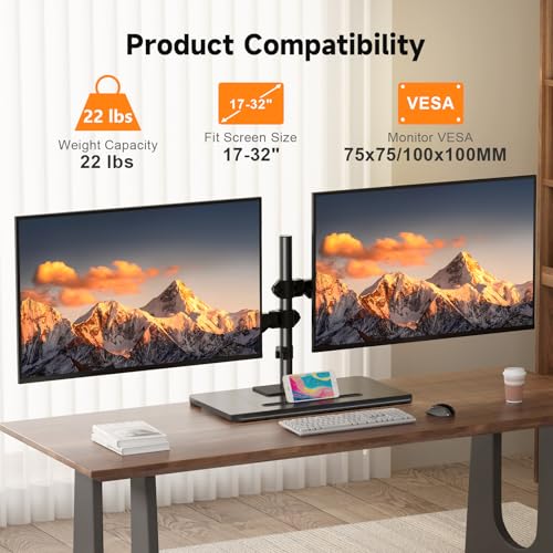 Pholiten Dual Monitor Stand with Wooden Base | Gas Spring Height Adjustable Arms, Each Holds 32 Inch Screen up to 22lbs, VESA Mount 75x75/100x100mm, Tilt/Swivel/Rotate - style: dual arms with pole