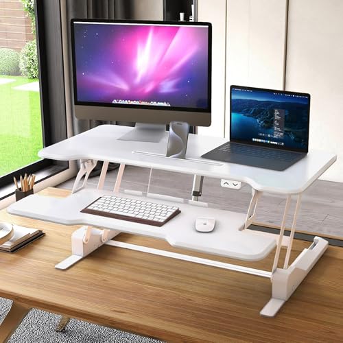 Mount-It! Electric Standing Desk Converter White 38 Inch Wide Tabletop, Stand up Desk Riser, Height Adjustable Sit Stand Desk, Fits Dual Monitors, Keyboard Tray, Device Slot, Monitor & Laptop - color: White