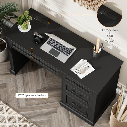Vabches Farmhouse 47" Workstation Computer Desk with Drawers, Pure Black | Executive Desk with File Drawer and Charging Station for Home Office,Study. - color: Pure Black