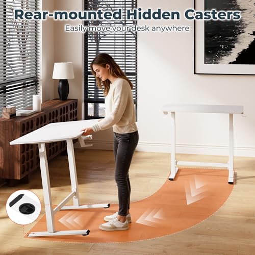 32''Pneumatic Standing Desk,Onepiece Adjustable Height Home Office | White 31.5''x19.7'' Small Home Desk Rolling Computer Workstation with Hooks & Cup Holder,Hidden Casters - color: White, size: 3220