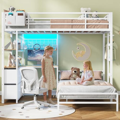 DICTAC Bunk Bed with L-Shaped Desk,5 Storage Drawers and 2 Shelves Metal Twin XL Over Twin Bunk Bed with LED Lights and Charging Station,bunk Beds with Safety Guardrail & Ladder,Space-Saving,White - color: White, size: Twin XL Over Twin