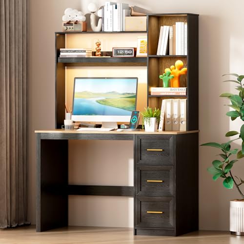 40” Home Office Desk with Hutch and Drawers, Black | Modern Computer Desk with Adjustable LED Light and Charging Station, Storage Shelves, Writing Table for Bedroom Study Room - color: Black+brown