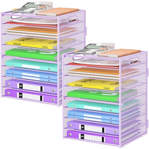 Cawukege 9 Tier Paper Organizer with Handle, 2 Pack Large Capacity Desk Organizer Mesh Paper Letter Tray File Folder Document Sorter for Classroom and Office Accessories Organization- Purple - color: 2 Pack - Purple
