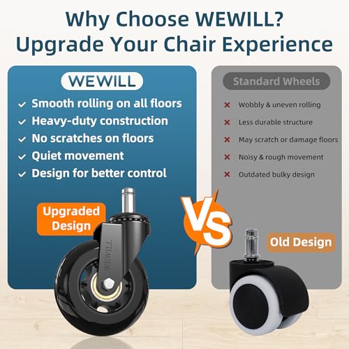 WEWILL Office Chair Wheels - Rubber Casters Replacement Universal Fit 98% Chair(Set of 5) Heavy Duty 3 Inch Smoothly & Quietly Safe for All Floor, Hardwood, Tile, Carpet, Noise Free - Black - color: Black