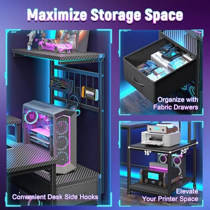 DurayLoly 55" Gaming Desk with,RGB LED,Headphone Hook Shelves for Bedroom - color: Black, size: 19.6"Dx55"Wx51"H