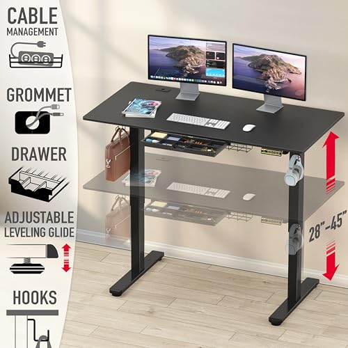 SHW 55 x 28 Electric Height Adjustable Standing Desk w/Drawer, Black - color: Black, size: 55-Inch