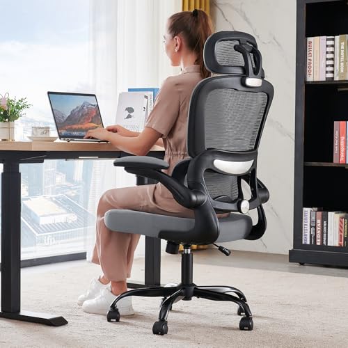 TRALT Office Chair Ergonomic Desk Chair - Gaming Chair with Lumbar Support | 330 LBS Home Office Desk Chairs with Headrest, Reading Chair with Flip-up Armrests, Comfortable Computer Chairs (1, Grey) - color: Black Grey