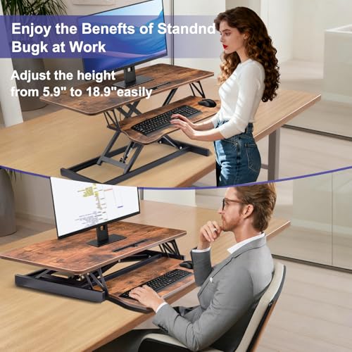 38-inch Standing Desk Converter Height Adjustable Sit to Stand Up Workstation, Duals Monitor and Laptop Riser with Wide Keyboard Tray, for Home, School, Company, Brown - color: Brown