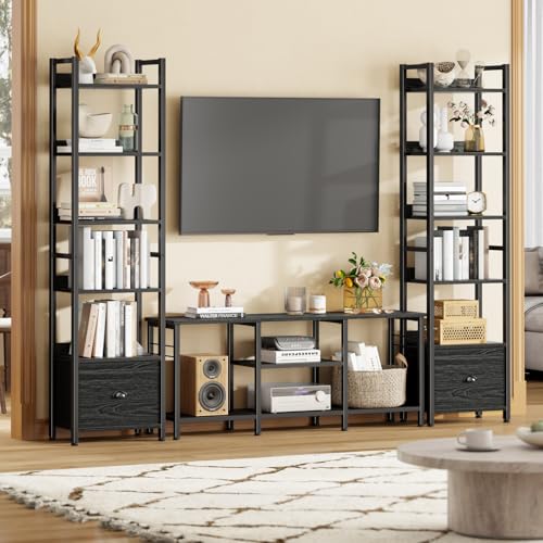 Furologee Book Shelf Set of 2, 6 Tier Tall Shelf with Drawer, Bookshelves and Bookcases Set of 2, Industrial Display Shelving Unit for Bedroom, Living Room, Home Office, Black Oak - color: Black Oak, size: 6 Tier-2 PCS