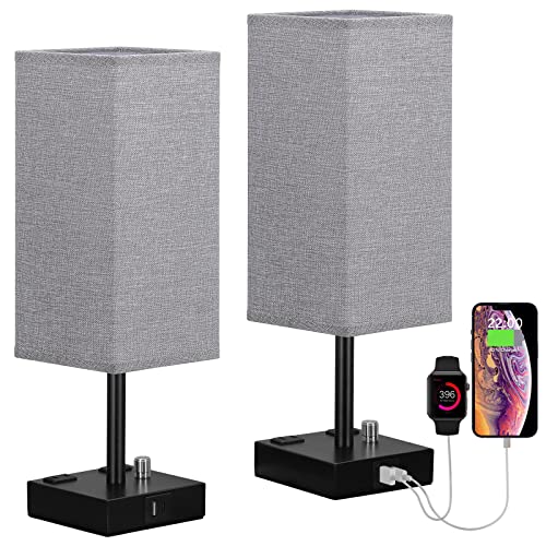 aooshine Gray Fully Dimmable Nightstand Lamps Set of 2 - Table Bedside Lamp with USB C+A Charging Ports & 2 AC Outlets, Square Lamp Sets Linen Fabric Shade for Bedroom Living Room(Bulb Included) | Stepless Dimmable by Rotary Knob, 3000K LED Bulbs Included