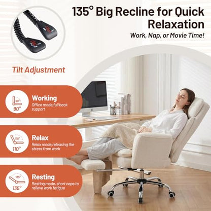 Criss Cross Office Chair with Armrests & Wheels, Big and Tall Office Chair with Footrest, Flip Armrests for Pets, Wide Seat Cross Legged Desk Chair, Ergonomic Computer Chair, Teddy, White - color: White
