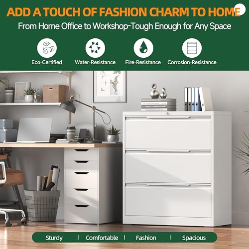 Lateral File Cabinet 3 Drawer, Metal File Cabinet with Lock - color: White, size: 3 Drawer - Lateral