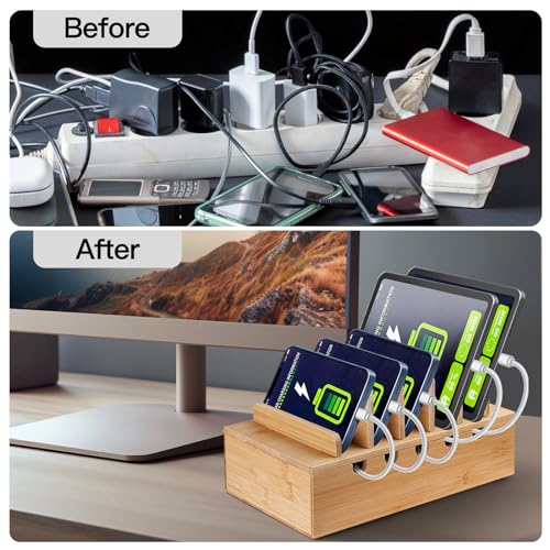 MINCORD Bamboo Charging Station for Multiple Devices | Cell Phone Docking Charging Station Organizer, Nightstand Bedside Desk Device Charger Organizer for Laptop, Tablets and iPads
