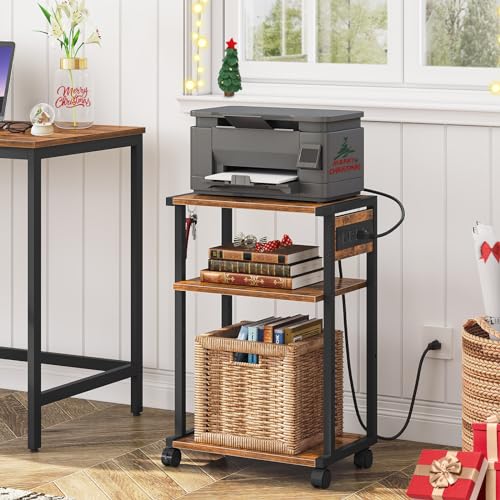 HOOBRO Industrial Printer Stand with Charging Station, 3-Tier Printer Table, Rolling Printer Cart with Adjustable Shelf and Hook, Rustic Brown and Black BF28UPS01 - color: Rustic Brown + Black