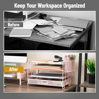 Mind Reader Mesh Desk Organizer, 3 Trays, 1 Drawer, 2 Pen Holders, Office Desktop Organizer, Metal Mesh, Pink - color: Pink
