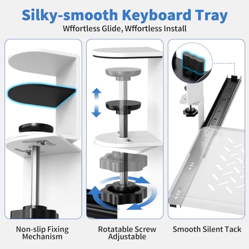 Keyboard Tray Under Desk - Full Metal Slide Out Holder, Rust-Resistant & Scratch-Proof, Double C-Clamps, 26x13" Tray for L Shape/Regular Desks, Standing/Sitting Workstation(White-A) - color: White