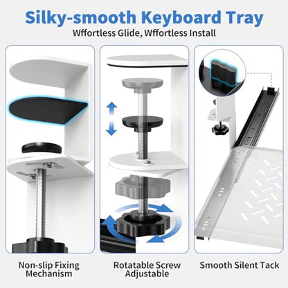 Keyboard Tray Under Desk - Full Metal Slide Out Holder, Rust-Resistant & Scratch-Proof, Double C-Clamps, 26x13" Tray for L Shape/Regular Desks, Standing/Sitting Workstation(White-A) - color: White
