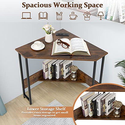 Corner Desk with Charging Station & USB Port, 90-Degree Triangle Computer Workstation w/Storage Shelf, Metal Frame, Space-Saving Laptop PC Desk for Small Space, Home Office (Rustic Brown)