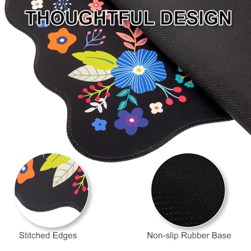 L-SPOUTTO Floral Mouse Pad, Black Scalloped Desk Mat XXL Gaming Mousepad | Botanical Large 35.4x15.7in Non-Slip Rubber Base Keyboard Pad Waterproof Desktop Mat for Laptop Computer Game Home Office - color: Colorful Flowers