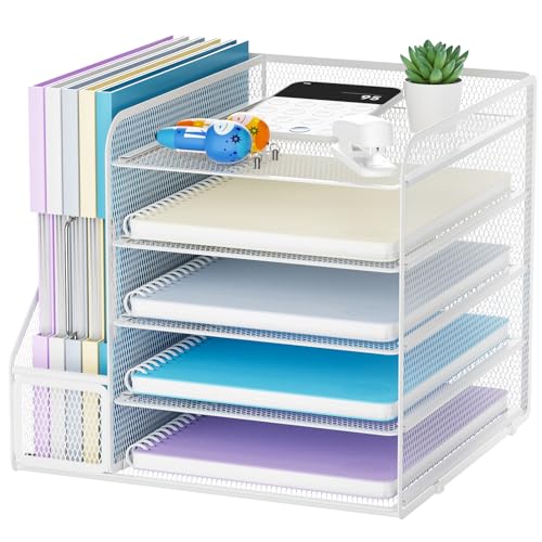 Marbrasse Desk Organizers and Accessories, 5-Tier Paper Letter Tray Organizer with File Holder, Mesh File Organizer, Office Desk Accessories & Organization for Supplies (White) - color: White