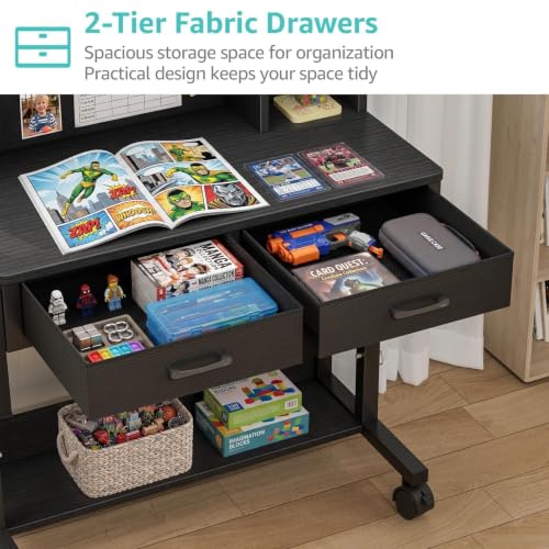 WINAZ Black Mobile Kids Desk - 32" Height Adjustable Study Table with Hutch - color: Black