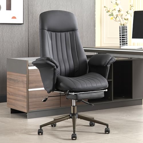 Home Office Desk Chair with Foot Rest, High Back Office Ergonomic Computer Chair with Lumbar Support Adjustable Height Rolling Swivel Chair Executive Task Armrests(Black) - color: Black