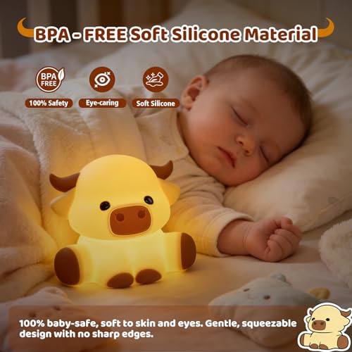 Cute Highland Cow Rechargeable Night Light, LED Touch Silicone Lamp for Bedroom with 7 Colors Timer and Dimmable Squishy Warm Night Lights, Novelty Animal Lamp for Nursery Birthday Gift - color: Cattle