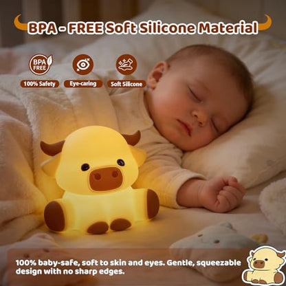 Cute Highland Cow Rechargeable Night Light, LED Touch Silicone Lamp for Bedroom with 7 Colors Timer and Dimmable Squishy Warm Night Lights, Novelty Animal Lamp for Nursery Birthday Gift - color: Cattle
