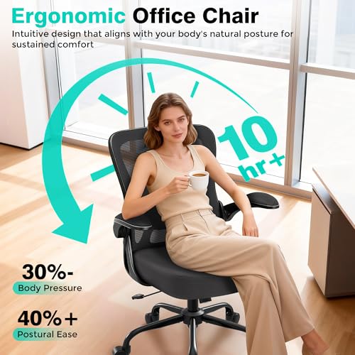 Office Chair - Ergonomic Breathable Mesh Desk Chair with Adjustable Lumbar Support and Flip-up Armrests - Executive High Back Rolling Swivel Comfortable Computer Gaming Chair for Home Office - color: Dark Gray