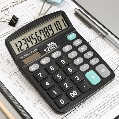 M&G Desk Calculator 12 Digit Office Calculators with Large LCD Display, Dual Solar Power and Battery, Recessed Big Button Calculator for Office Home (Black, Pack of 5) - style: Basic 5 Pack