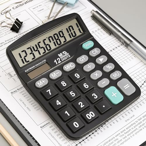 M&G Desk Calculator 12 Digit Office Calculators with Large LCD Display, Dual Solar Power and Battery, Recessed Big Button Calculator for Office Home (Black) - style: Basic