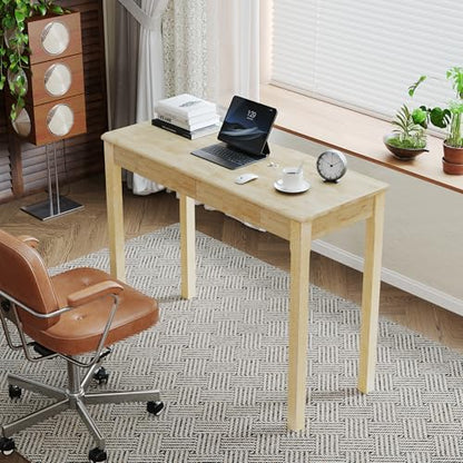 Solid Wooden Desk with Drawers - 39 x 16 Inch Rubberwood Narrow Desks, Simple Modern Study Table, Small Writing Desk for Bedroom|Small Spaces - Natural Boho Desks - color: Natural, size: 39.4 in W x 15.7 in D