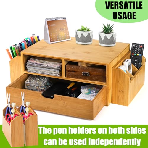Hiceeden 2 Tier Bamboo Desktop Organizer, Desk Monitor Stand Riser with 1 Drawer and 2 Pen Holder, 2 Compartment Computer Desk Storage Organizer for Laptop, Printer
