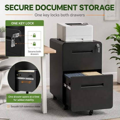 SAWJEC 2 Drawer File Cabinet with Lock, Fully Assembled Mobile Cabinet - color: 04b-black