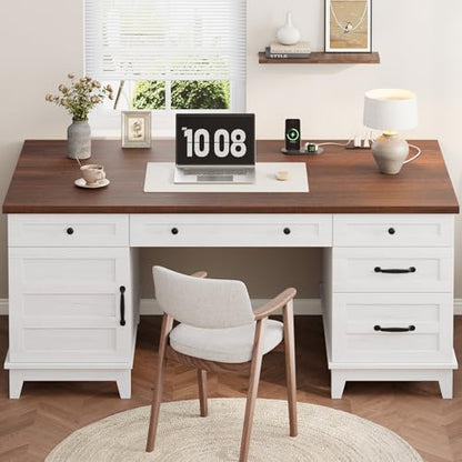 60" Executive Desk with Power Outlet, Home Office Desk with Drawers, Wooden Work Desk with File Cabinet, Computer Desk for Work, Study, Writing, White and Brown - color: White and Brown