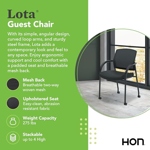 HON Lota Guest Chair with Arms and Wheels, Mesh Office Chairs, Black | Office furniture with arms and wheels for waiting rooms chairs, conference room chair, and banquette seating - color: Black - Mesh Back - Arms and Casters
