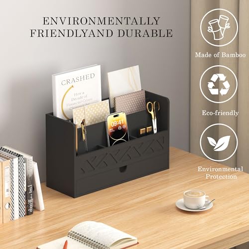 Wisuce Bamboo Mail Organizer with Drawer, Countertop Desk Organizer(Black) | Made from Natural Bamboo Multi-Compartment Design Built-In Drawer No Assembly Required - color: 1 Black
