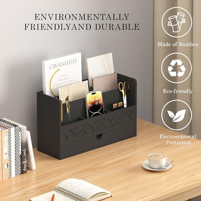 Wisuce Bamboo Mail Organizer with Drawer, Countertop Desk Organizer(Black) | Made from Natural Bamboo Multi-Compartment Design Built-In Drawer No Assembly Required - color: 1 Black